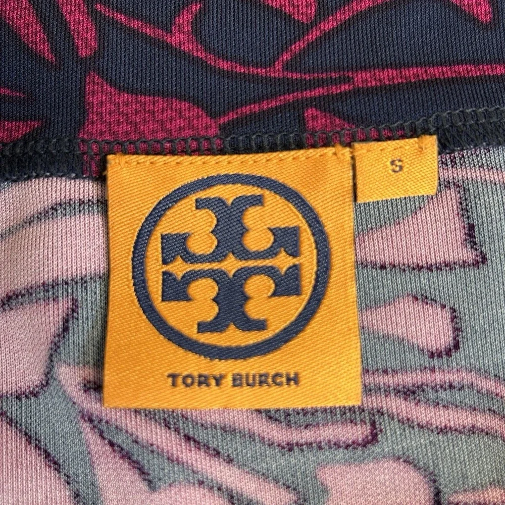 Tory Burch Etta Blouson Dress Berry Navy Floral Print Gold Logo Buttons Sz Small